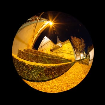 Staircase of pebble concrete with fish eye lens distortion