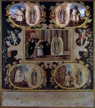 Miraculous origin of the image of the Virgin of Guadalupe. Painted by Juan Correa in 1667. National Sculpture Museum