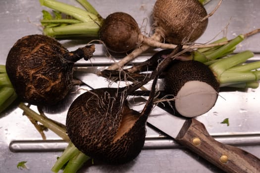 Preparing black radish for salad in the kitchen