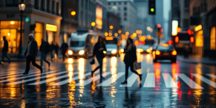 A lot of people walk along the pedestrian crossing during rush hour. High quality photo