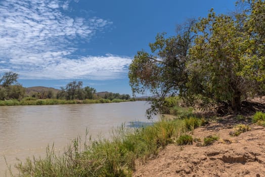 Landscape on the banks of the Kunene River, the border river between Namibia and Angola