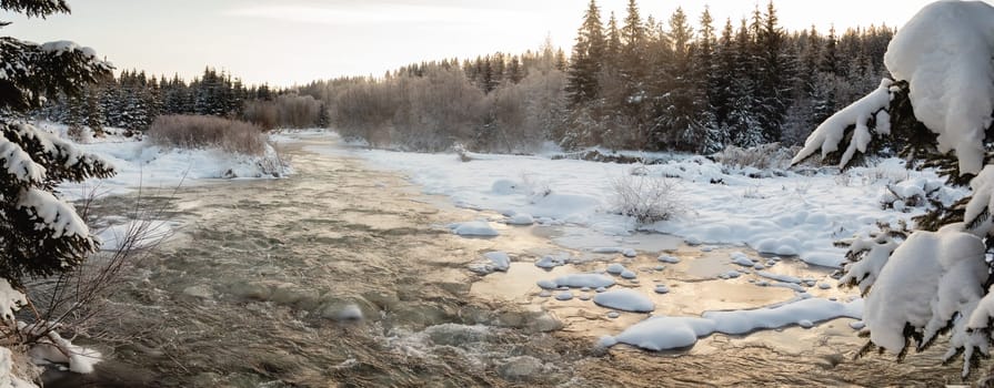 Mountain river freezing on a cold winter morning with fog rising from water. Wide angle panoramic nature scenery with trees, water and snow. Background from wilderness.