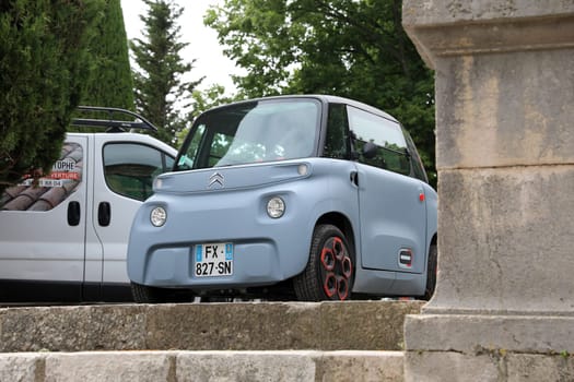 Seillans, France - June 19, 2021: Close Up Front View Of A French Small Citroen Ami Electric Two-Seater Micro-City Car Parked In The Street Of Seillans In The South Of France, Europe