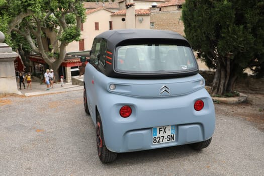 Seillans, France - June 19, 2021: French Small Citroen Ami Electric Two-Seater Micro-City Car Parked In The Street Of Seillans In The South Of France, Europe. Close Up Rear View