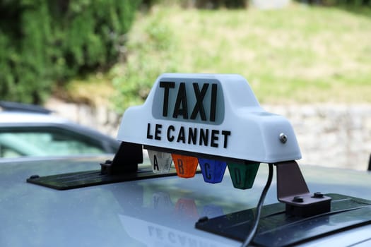 Le Cannet, France - June 19, 2021: Close Up Of Illuminated Taxi Light, French Taxi Station In The Street Of Le Cannet In The South Of France, Europe