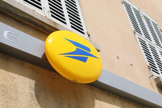 Seillans, France - June 19, 2021: La Poste Yellow Logo Sign, French Post Brand, Shop In The Street Of Seillans In The South Of France, Europe. Close Up View