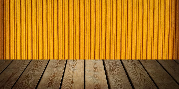 The background is blank wooden boards and a textured striped wall with gradient lighting and vignetting. For product demonstrations, free space, layout, mockup, perspective board, background board.