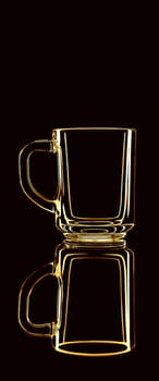 Just a glass on a black background with a reflection. Yellow colors. Isolated.