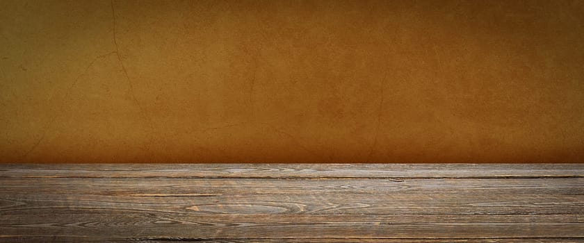 The background is blank wooden boards and a textured plastered wall with lighting and vignetting. For product demonstrations, free space, layout, mockup, perspective board, background board.