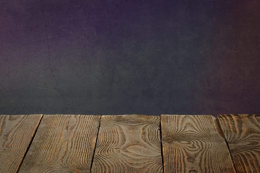 The background is blank wooden boards and a textured plastered wall with lighting and vignetting. For product demonstrations, free space, layout, mockup, perspective board, background board.
