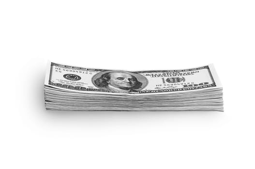 A stack of packaged dollars on a white background. One hundred American dollar bills. The pile of dollars is isolated with a shadow. Black and white style. A big wad of dollars. Place for logo, lettering, layout, layout.