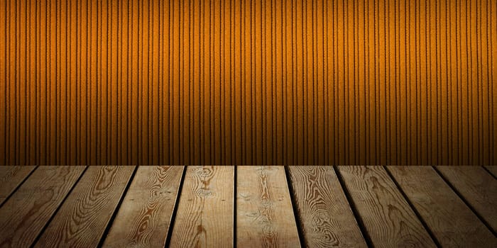 The background is blank wooden boards and a textured striped wall with gradient lighting and vignetting. For product demonstrations, free space, layout, mockup, perspective board, background board.
