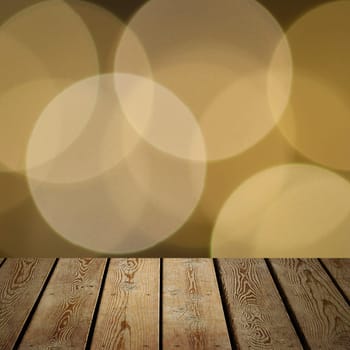 The background is an empty wooden board and a wall of blurred bokeh lights. For product demonstrations, free space, layout, mockup, perspective board, background board.