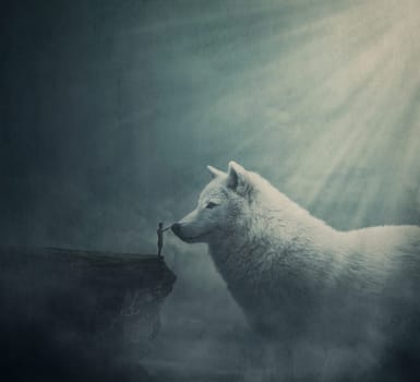 Surreal dreamland scene with a person on the edge of a cliff try to get in touch with a huge white wolf. Fantasy adventure, wanderer taming a giant mythical creature. Magical tale landscape