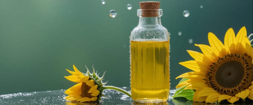 A bottle of oil is on a table with a bunch of leaves. The bottle is half full and the leaves are green