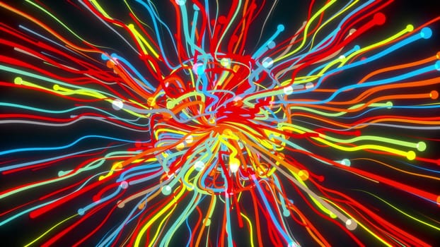 Bright geometric 3d render stripes flying to sides. Digital sunburst festival abstract inflorescence. Ornament outburst of exploded space star with radial streams light.