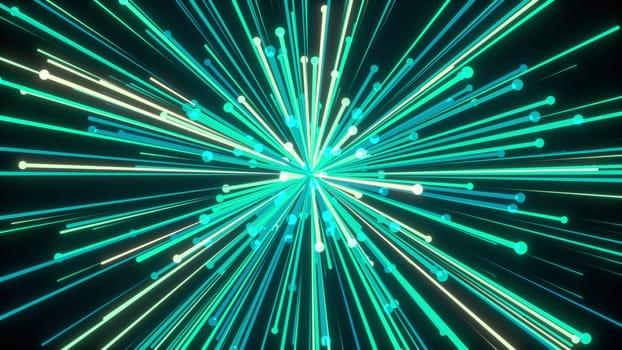 Bright geometric 3d render stripes flying to sides. Digital sunburst festival abstract inflorescence. Ornament outburst of exploded space star with radial streams light.