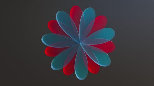 Beautiful decoration with 3d render oval petals and round design. Double translucent ornament with shiny botanical swirl. Digital opened inflorescence with gradient highlights.