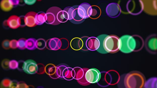 Computer generated the rows of multi colored circles and rings. 3d rendering abstract background from different round particles