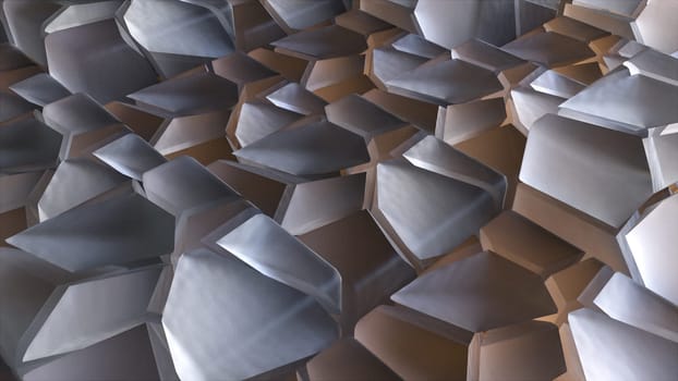 Geometrically split 3d render of pieces squares in abstract tracery. Futuristic rows defective figures with smashed walls. Broken building stone damaged during repairs.