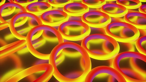 Glowing circles with 3d render effect of shine and highlights. Bright futuristic design with led reflection. Shiny round jewelry in techno digital movement. Relaxing decoration gradient.