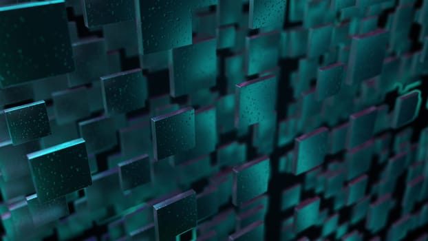 Futuristic 3d render of construction square design tiles hanging in zero gravity. Geometric mosaic with decorative ceramic highlights. Abstract gradient wall in outer space.
