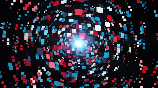 Geometric round dance 3d render of squares with bright light in center. Futuristic technology cubes various sizes forming circular portal to parallel dimension.