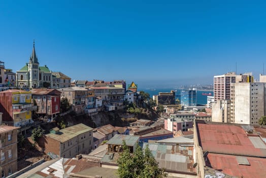 Panoramic view of the houses in the center of Valparaiso, Chile