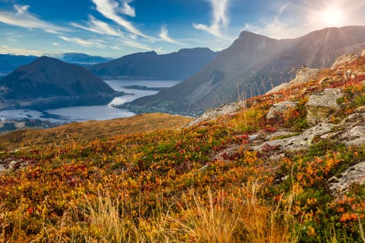 Golden October, autumn in Norway with blue sky and sunflare near Volda, Orsta