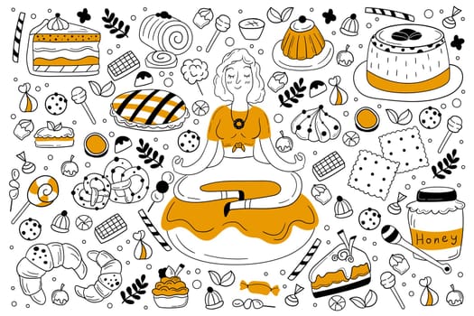 Sweets doodle set. Collection of hand drawn sketches templates of different delicious food desserts candies cake pie honey and lollipops. Unhealthy nutrition and lifestyle illustration.