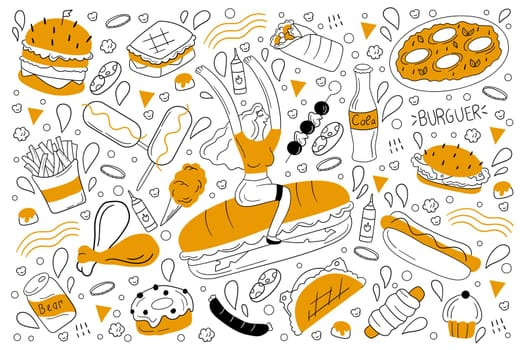 Fast food doodle set. Collection of hand drawn sketches templates of people eatig junk meal burgers sandwitch hot dog fried chicken french fries potato. Unhealthy nutrition and lifestyle illustration.