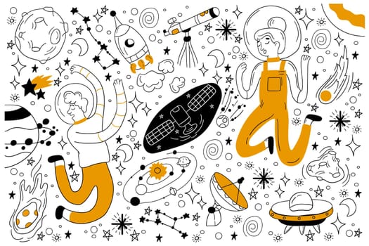 Space doodle set. Collection of hand drawn sketches templates of people astronauts with spacesuit flying in cosmos among stras and planets with meteors and black holes. Universe or galaxy illustration