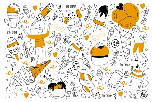 Ice cream doodle set. Collection of hand drawn sketches templates of sundae balls and waffle cone or junk food licking. Unhealthy nutrition or summer meal illustration.