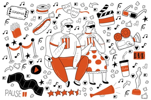 Cinema doodle set. Collection of hand drawn sketches templates of people sitting in movie theater watching film and eating pop corn. Art entertainment and active lifestyle recreation illustration.