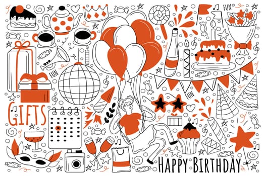 Birthday holiday doodle set. Collection of hand drawn sketches templates of party celebration congratulation and gifts giveaway. Happy lifestyle and festival atmosphere or having fun illustration.