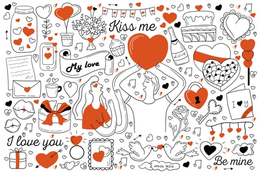 Love doodle set. Collection of hand drawn sketches templates of affectionate couple in love kissing hugging embrace together. Tenderness and positive emotions with heart symbol illustration.