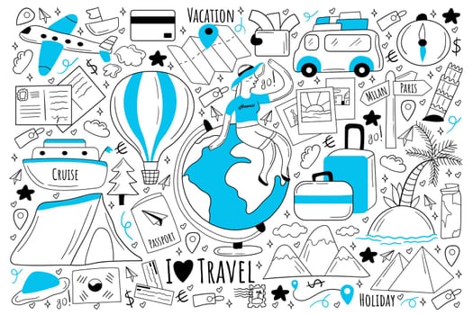 Travel doodle set. Collection of hand drawn sketches templates of people tourists travelling around world on holiday or vacation at cruise or plane. Active lifestyle tourism recreation illustration.