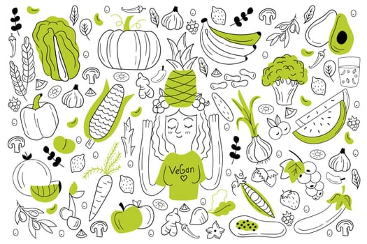 Vegan food doodle set. Collection of hand drawn sketches templates of people vegans dieting eating natural vegetarian meal smoothie cocktail cereals vegetables fruits. Healthy lifestyle illustration.
