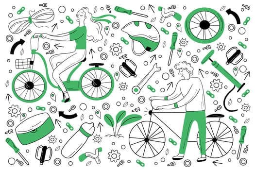 Bicycle doodle set. Collection of hand drawn sketches templates of various part of bike or cycle and people riding on transport vehicle. Transportation and maintenance or repair illustration.