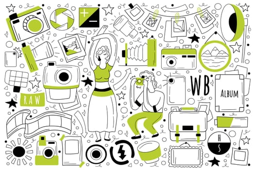 Photography doodle set. Collection of hand drawn sketches templates of people photographing using art equipment camera and video shooting. Model business photo session on album illustration.