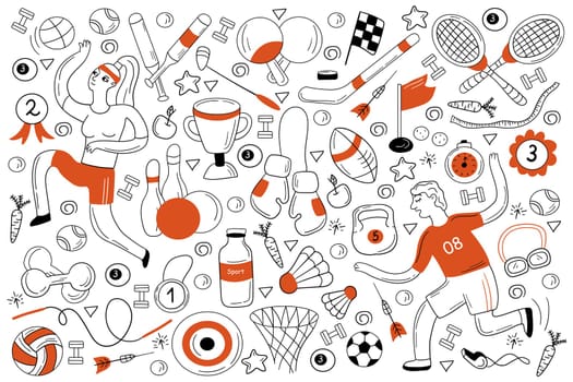 Sport doodle set. Colection of hand drawn sketches templates of people doing sport playing football tennis or basketball games winning trophy. Active recreation and healthy lifestyle illustration