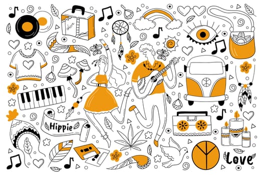 Hippie doodle set. Collection of hand drawn sketches templates of men and women belonging to philosophy subculture playing music and spreading love and piece. Happy lifestyle illustration.