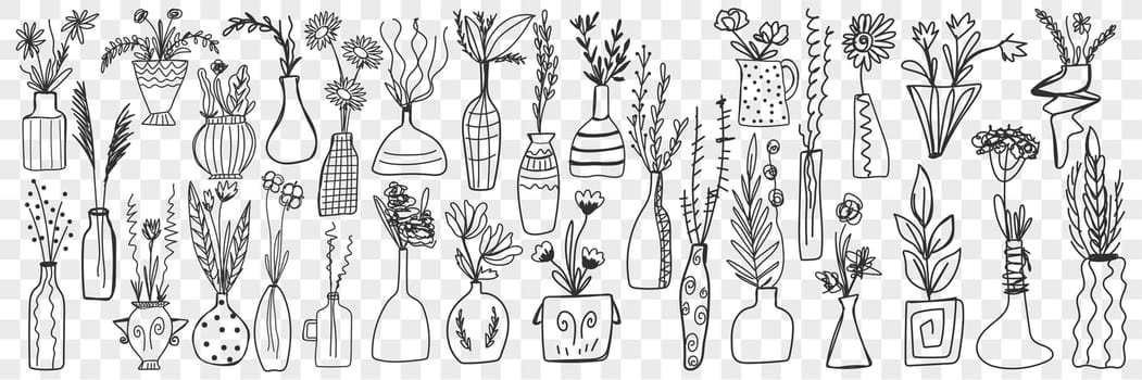 Flowers in pots doodle set. Collection of hand drawn various plants in pots for home growing isolated on transparent background. Illustration of home hobby as houseplants