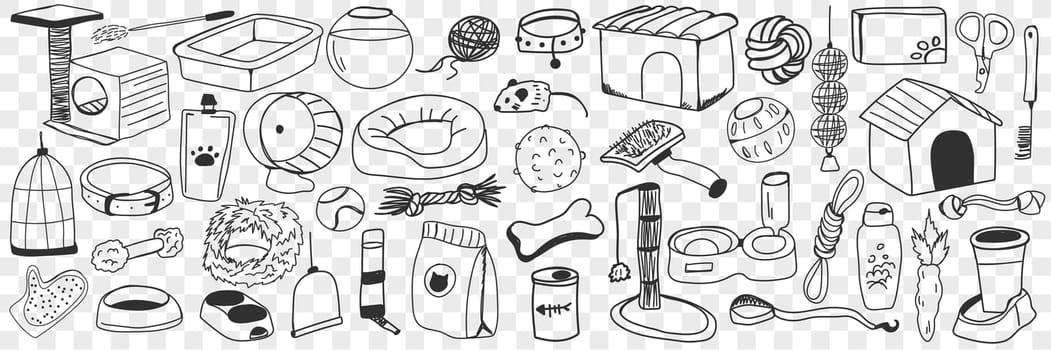 Accessories and toys for dogs doodle set. Collection of hand drawn brush, food, leash, kennel, bone, toys, mitten, playground and other accessories for pets dogs isolated on transparent background