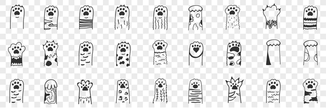Animal paws doodle set. Collection of hand drawn funny cute animal paws with claws with various animal collars and patterns in rows isolated on transparent background. Illustration of paws for kids
