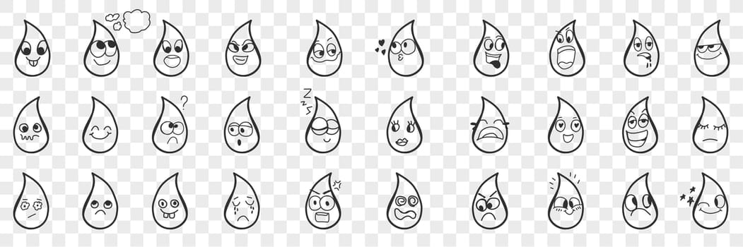 Water drops emoji doodle set. Collection of hand drawn cute funny water or liquid drops with various facial expressions emotions isolated on transparent background. Illustration of drops for kids