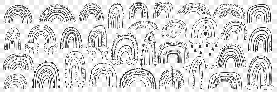 Various rainbows silhouettes doodle set. Collection of hand drawn rainbows on sly with clouds and rain below isolated on transparent background. Illustration of natural phenomenon of light concept