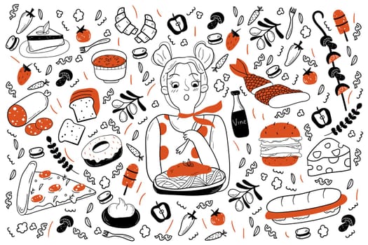 Food doodle set. Collection of hand drawn sketches templates of various different kind of meal. Meat pizza fish and fast food burger sandwitch or healthy vegetables and fruits illustration.