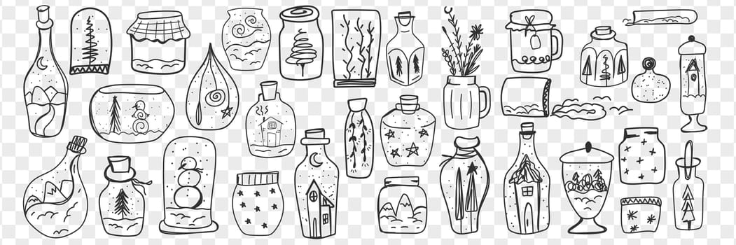 Glass toys and snow balls doodle set. Collection of hand drawn glassware with decorations and decorative accessories inside for home decorating isolated on transparent background
