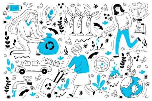 Ecology doodle set. Collection of hand drawn sketches templates of people eco volunteers gardening recycling garbage and sorting junk. Environmental care for nature and planet earth illustration.